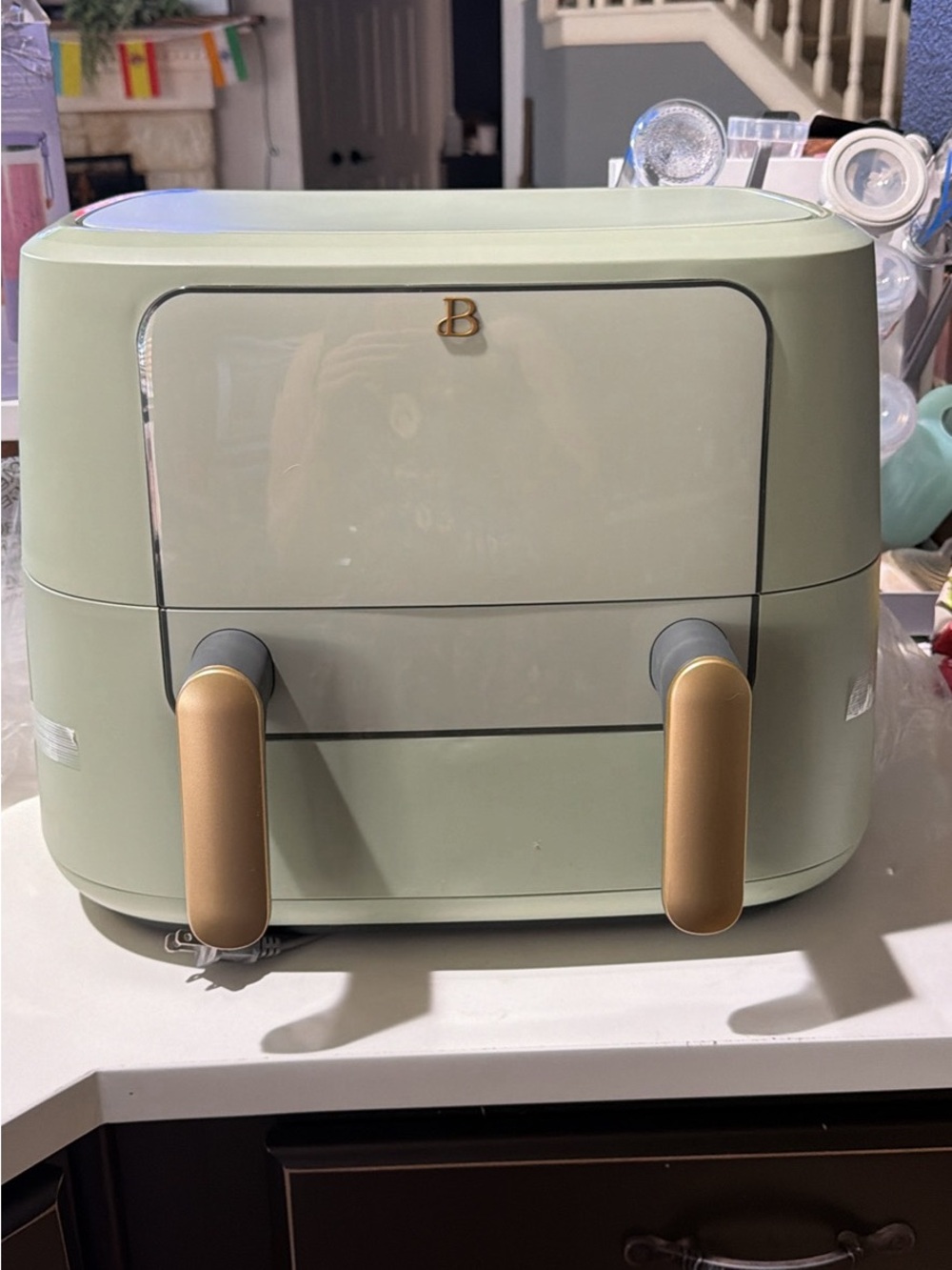 Double-Drawer Air Fryer in Sage Green with Gold Handles